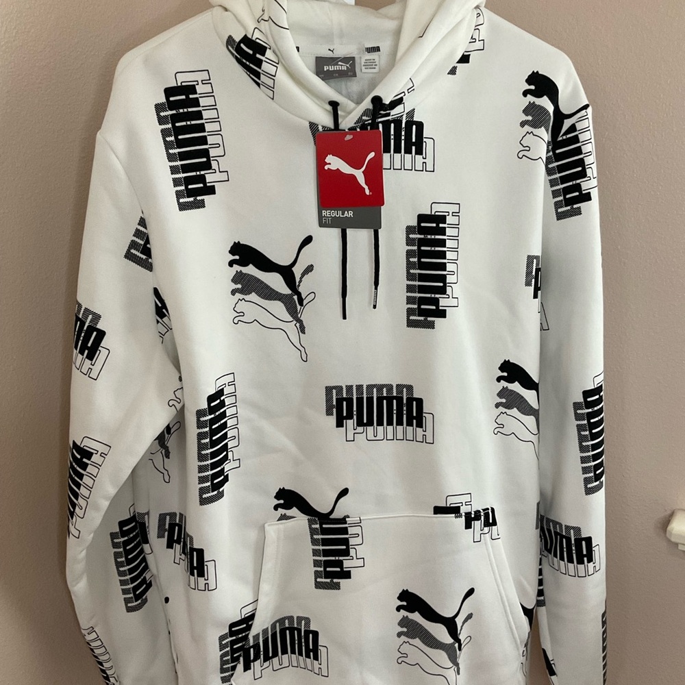 Puma Men's White Hoodie with Black Graphic Design